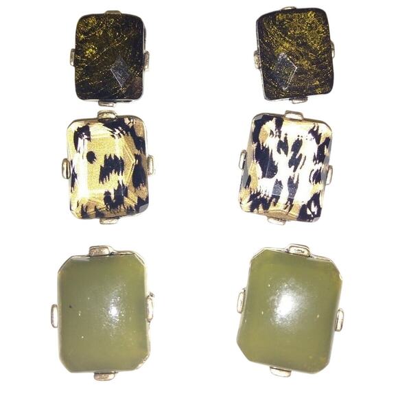 Mia Collection Earrings Set 3pc Animal Print Green Square Studs by Kim Min Sun - Picture 6 of 10